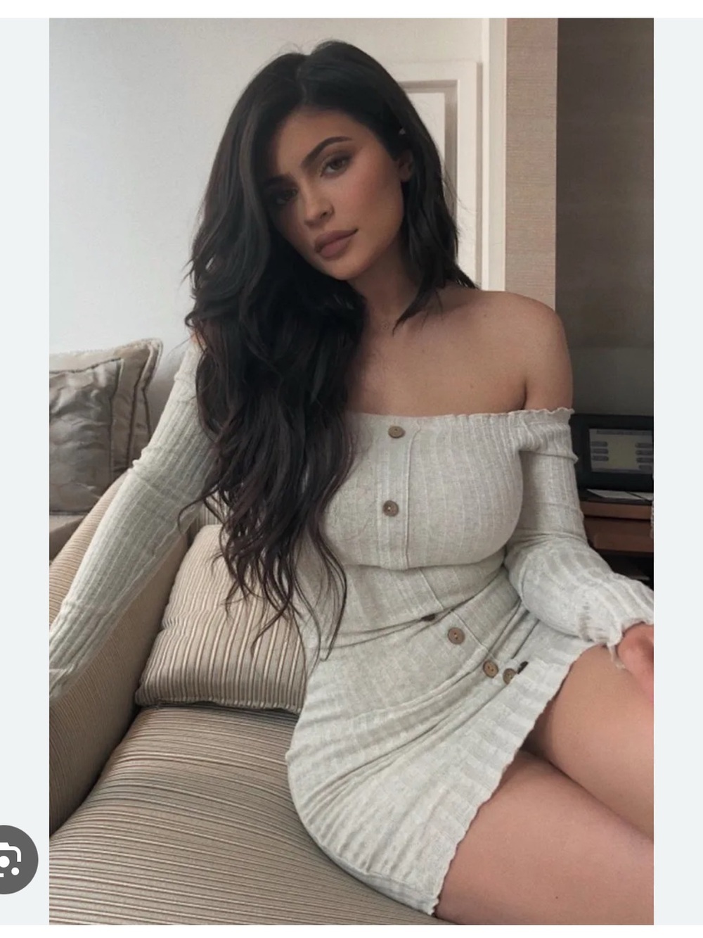 Fashion Nova Off-Shoulder Ribbed Button Mini Dress in Beige